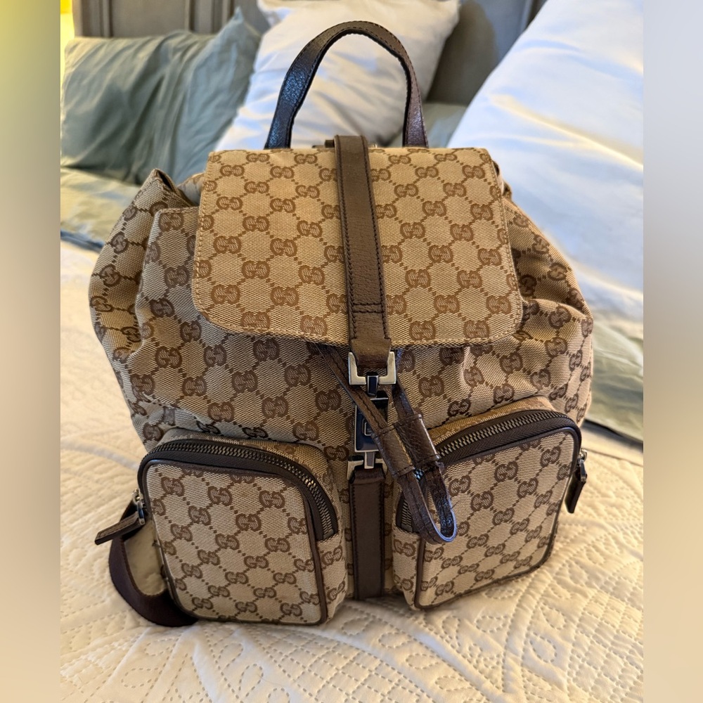 Gucci Tan and Brown Monogram Bag with Silver Accents
